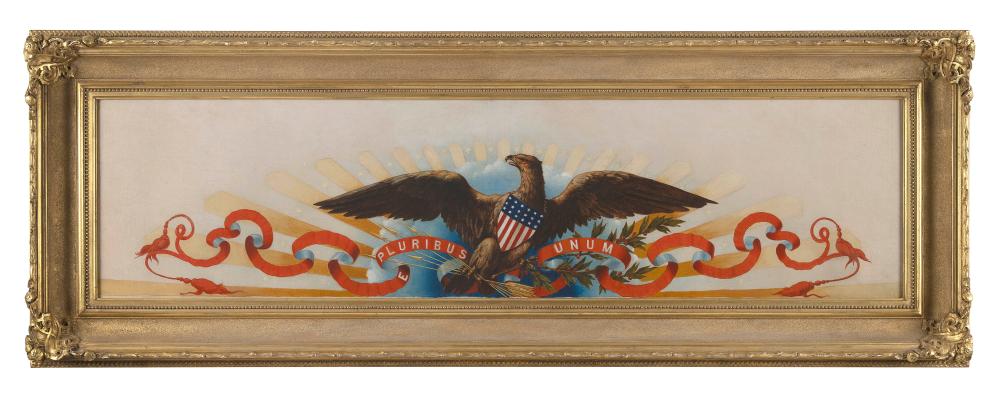 AMERICAN SCHOOL (Circa 1860s,), Outstanding Civil War-era patriotic painting of a spread-wing eagle and other elements from the Great Seal of the United States., Oil on canvas, 13" x 51". Framed 21" x 58". sold by Eldred's, lot 7633 — auction record photograph