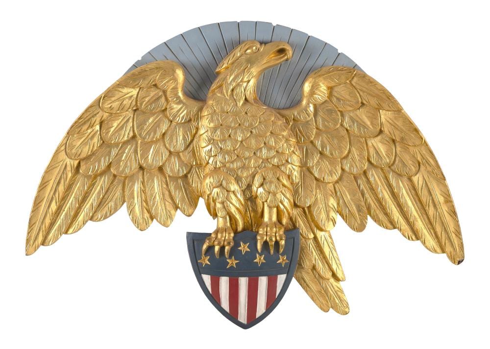 Paul White comparable auction result: paul white cape cod contemporary carved painted and gilded eagle and liberty shield plaque height 19 width 27