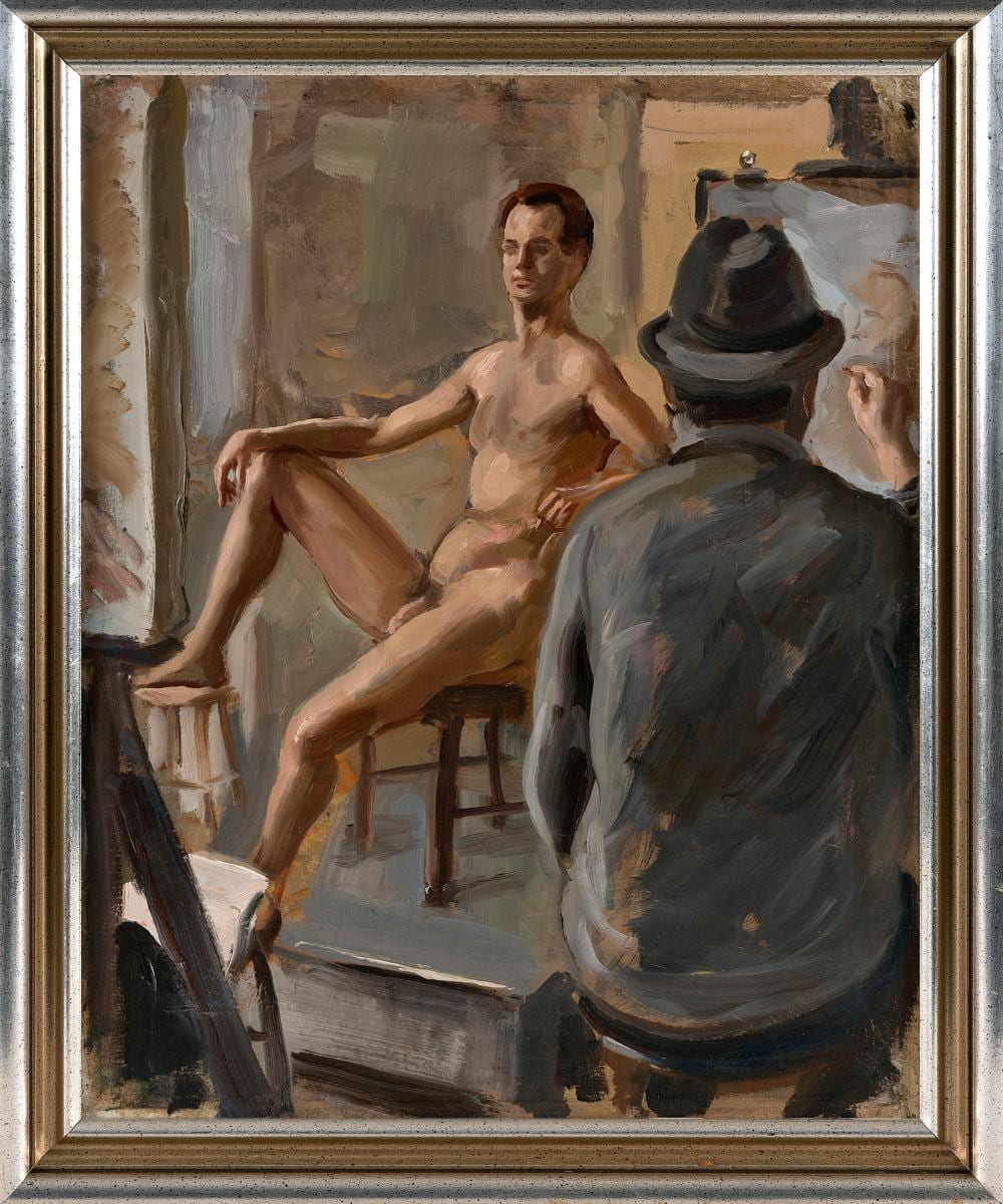 albert wasserman new york 1920 2017 portrait of an artist and a nude model oil on canvas 20 x 16 framed 22 75 x 18 5 · Eldred's · 2025-07-25 Albert Wasserman comparable auction result: albert wasserman new york 1920 2017 portrait of an artist and a nude model oil on canvas 20 x 16 framed 22 75 x 18 5