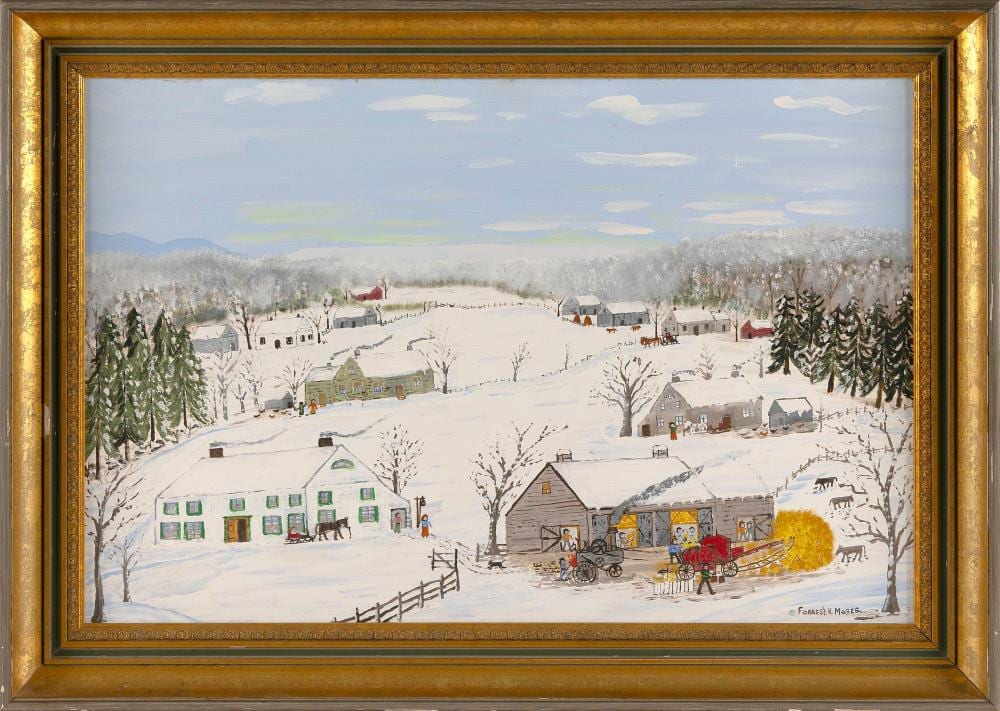 Forrest King Moses comparable auction result: forrest king moses new york 1893 1974 winter thrashing oil on board 16 x 24 framed 20 x 28