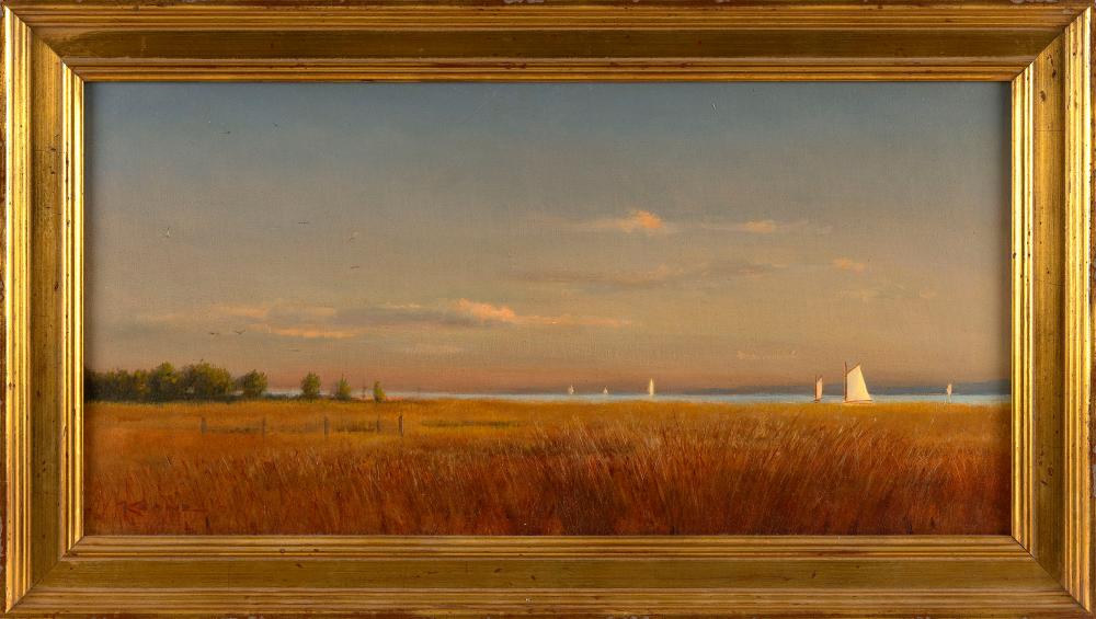 Michael Keane comparable auction result: michael keane massachusetts 1948 2015 salt grass and cats possibly nantucket oil on canvas 12 x 24 framed 15 5 x 27 5