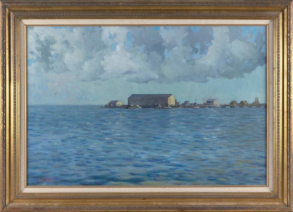 Frank Milby comparable auction result: frank milby massachusetts 1933 2023 macmillan wharf provincetown massachusetts oil on canvas 24 x 36 framed 31 5 x 44