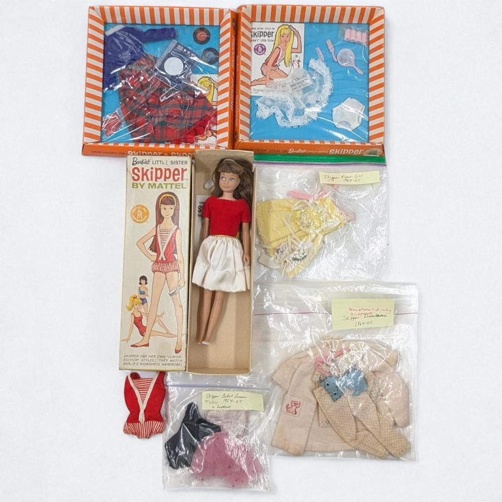 Auction comp thumbnail for Vintage 1960s Mattel Brunette Skipper Barbie Doll In Original Box With Five Additional Outfits (Compendium Auction House, Lot 7)