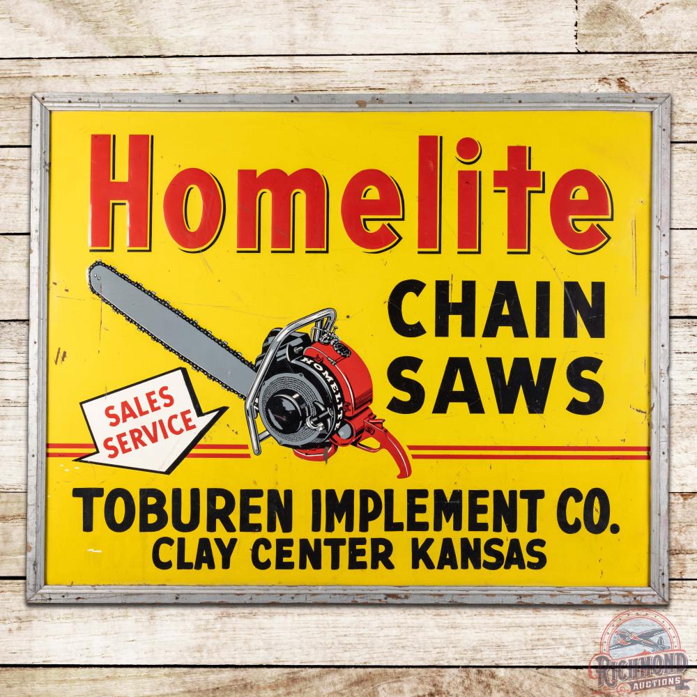 Homelite Chain Saws Sales & Service 5' Emb. Single Sided Tin Sign Toburen Implement Co. sold by Richmond Auctions, lot 175 — auction record photograph