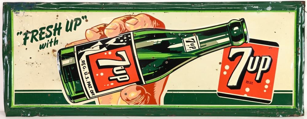 Vintage Fresh Up With 7up Soda Tin Litho Bubble Girl Bottle Sign sold by Mebane Antique Auction, lot 380 — auction record photograph