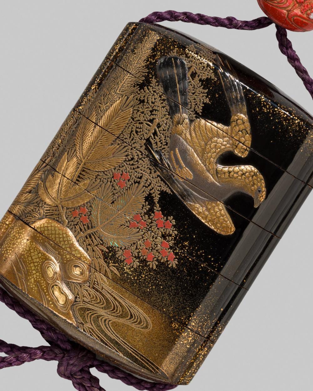 Hanabusa Itcho comparable auction result: shun yo a fine inlaid four case lacquer inro with a sea eagle and a quail after a design by hanabusa itcho