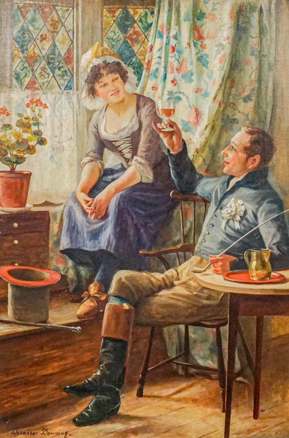 delapoer downing british fl 1886 1902 toasting the barmaid oil on canvas signed l l frame 36 in x 26 in 91 4 x 66 cm · Weschler's · 2025-07-01 Delapoer Downing comparable auction result: delapoer downing british fl 1886 1902 toasting the barmaid oil on canvas signed l l frame 36 in x 26 in 91 4 x 66 cm