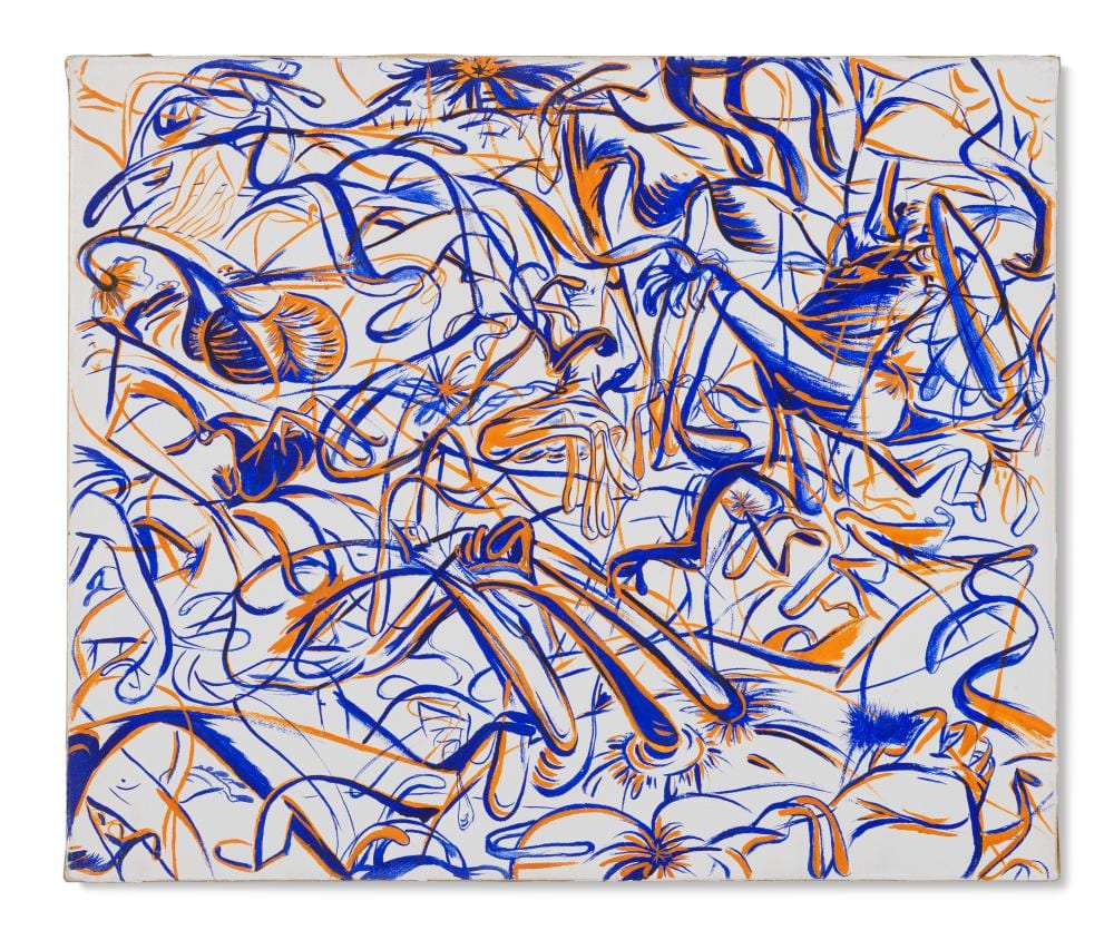 Sue Williams comparable auction result: sue williams b 1954 finger holes blue orange oil on canvas15 x 18 in