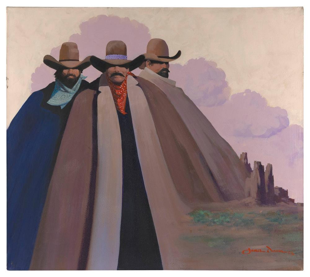 james darum arizona contemporary three gringos oil on canvas 32 x 36 unframed · Eldred's · 2025-07-25 James Darum comparable auction result: james darum arizona contemporary three gringos oil on canvas 32 x 36 unframed