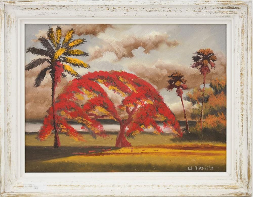 Willie Daniels comparable auction result: willie daniels 1950 2021 florida highwaymen painting vibrant red royal poinciana tree tall palm trees oil on canvas 18 x 24 inches overall with frame 21 1 2 x 27 1 2 inches