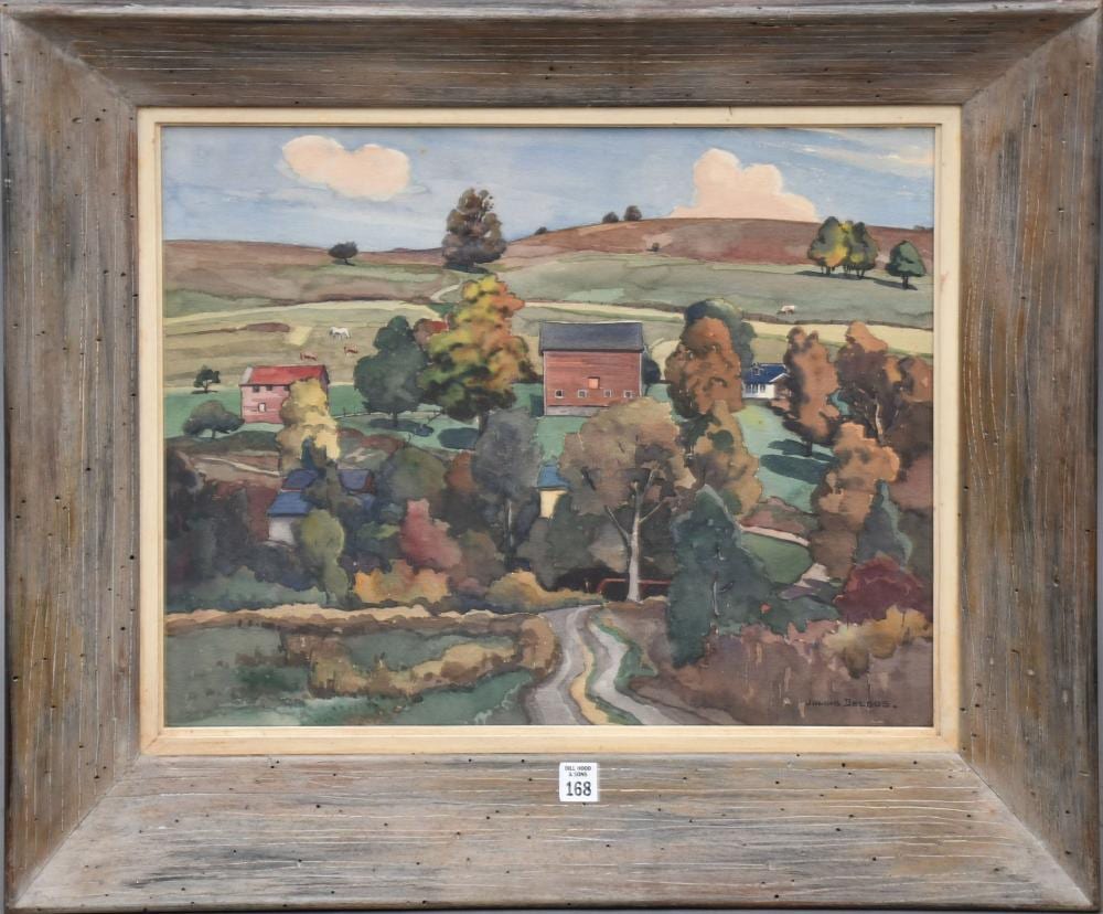 Julius M. Delbos comparable auction result: julius delbos american 1879 1970 original watercolor painting fall landscape new england farm scene label on reverse 18 x 22 inches overall frame size 25 x 29 inches