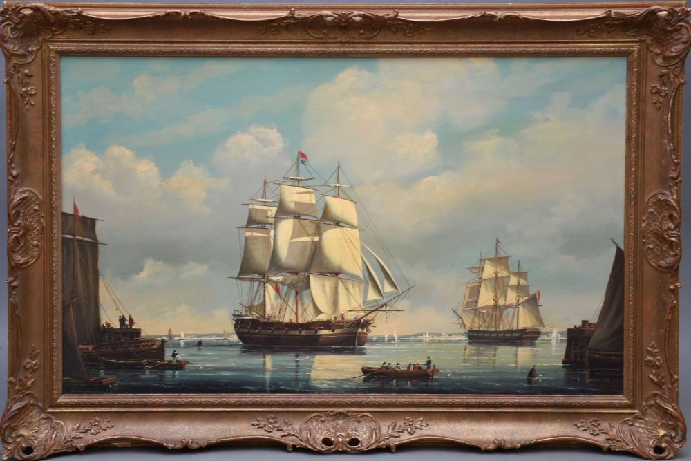 Salvatore Colacicco comparable auction result: salvatore colacicco italian b 1935 oil on panel marine painting clipper in port painting size 23 x 37 inches overall framed size 30 x 44 inches