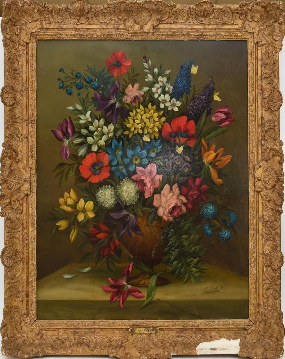 Jan van Doust comparable auction result: jan van doust dutch 1794 1846 oil on panel painting floral still life painting overall framed size 37 x 32 inches gilt frame has a large pieces missing at bottom edge