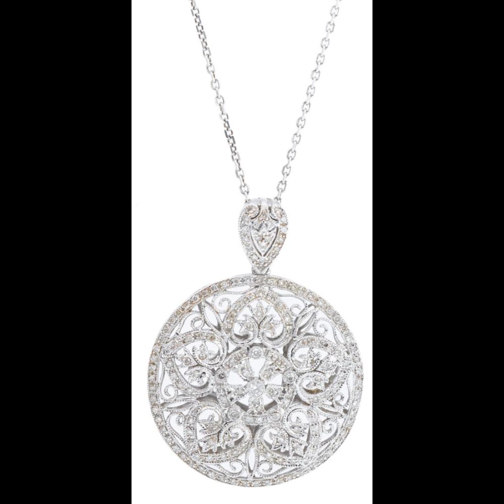Ladies 14K White Gold and Diamond Art Deco Style Medallion Pendant on a 14K White Gold Chain sold by Goldberg Coins & Collectibles, lot 237 — auction record photograph