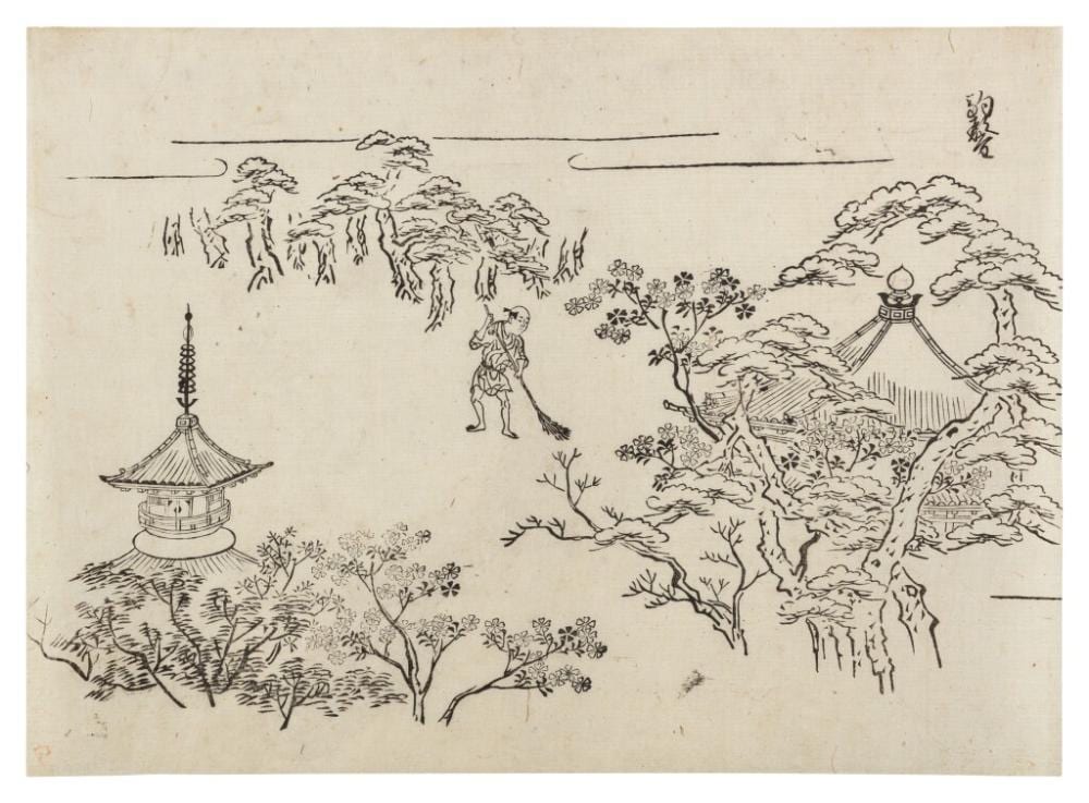 Hishikawa Moronobu comparable auction result: hishikawa moronobu died in 1694 workman sweeping cherry blossoms near the komagata hall in ueno edo period 17th century