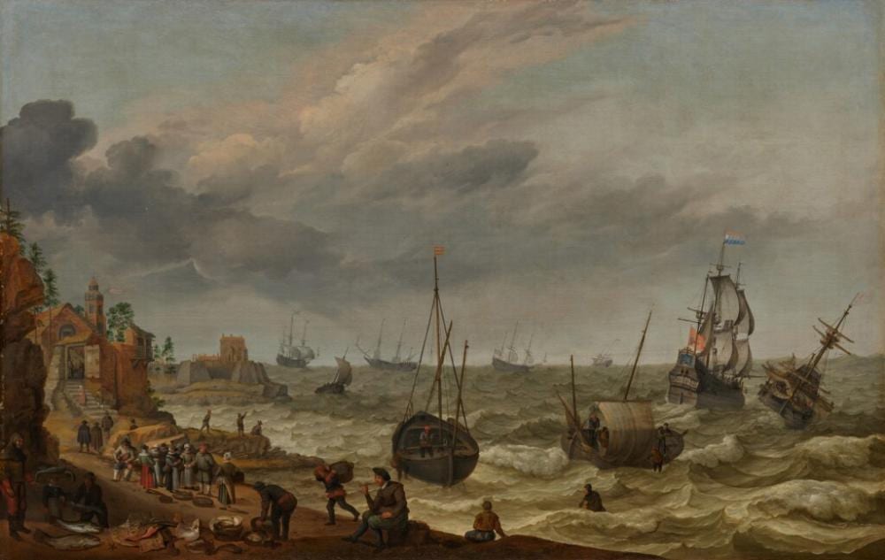 Abraham Willaerts comparable auction result: dutch coastal view with ships in a choppy sea and fishermen unloading their catch