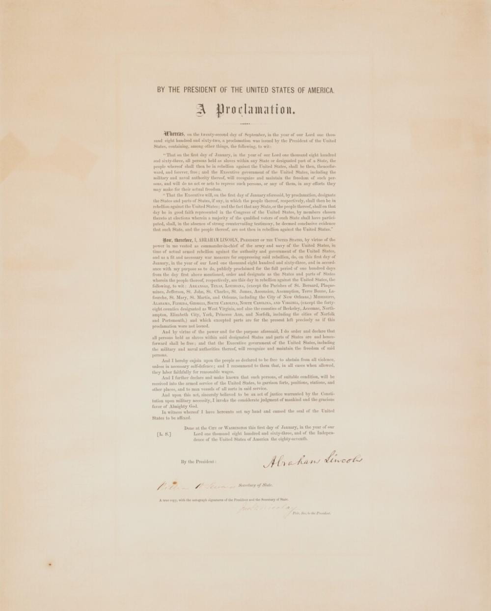 Lincoln, Abraham | The "Authorized Edition" of the Emancipation Proclamation, signed by President Abraham Lincoln comparable sale