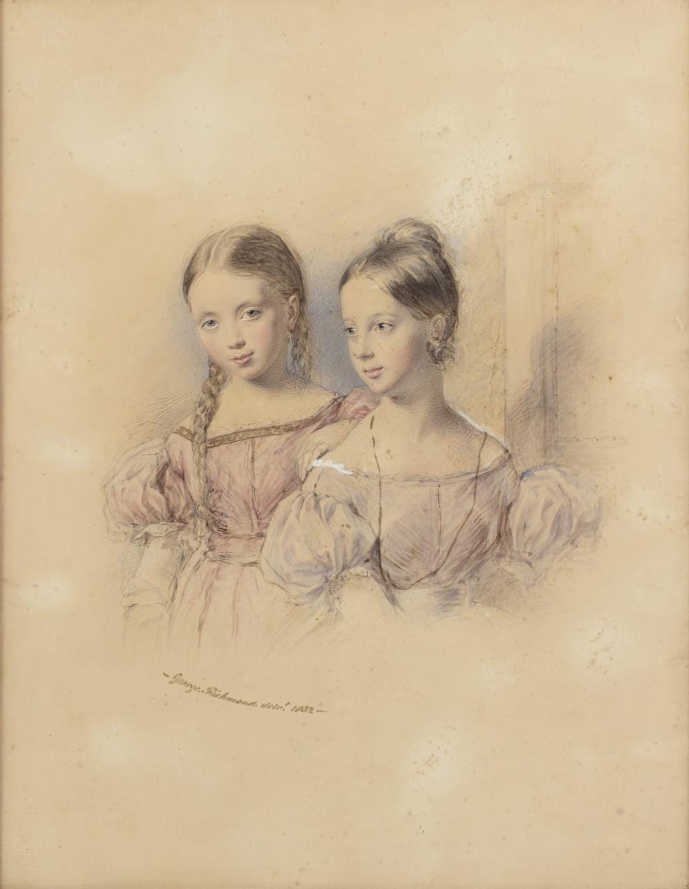 George Richmond comparable auction result: george richmond 1809 1896 portrait of helen catherine mckenzie and her sister miss louisa douglas signed and dated 1832 inscribed to labels verso watercolour 42 x 33cm
