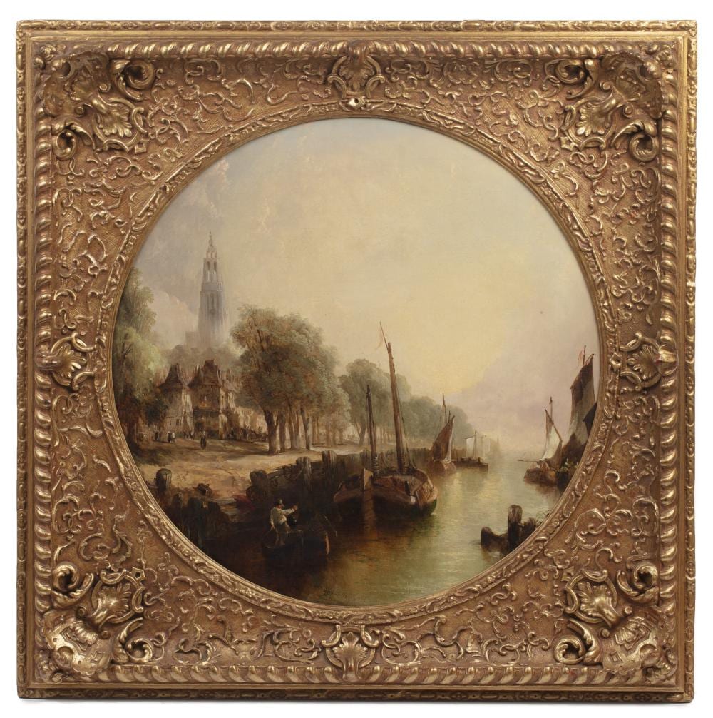 Alfred Montague comparable auction result: alfred montague 1832 c 1883 a continental quayside signed oil on canvas tondo