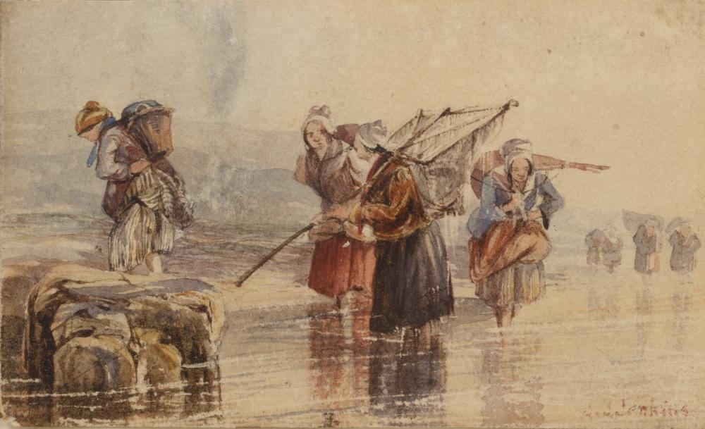 Joseph John Jenkins comparable auction result: joseph john jenkins 1817 1885 shrimpers on the beach signed watercolour 6 x 10cm and a pair of 19th century coloured prints of dieppe 3