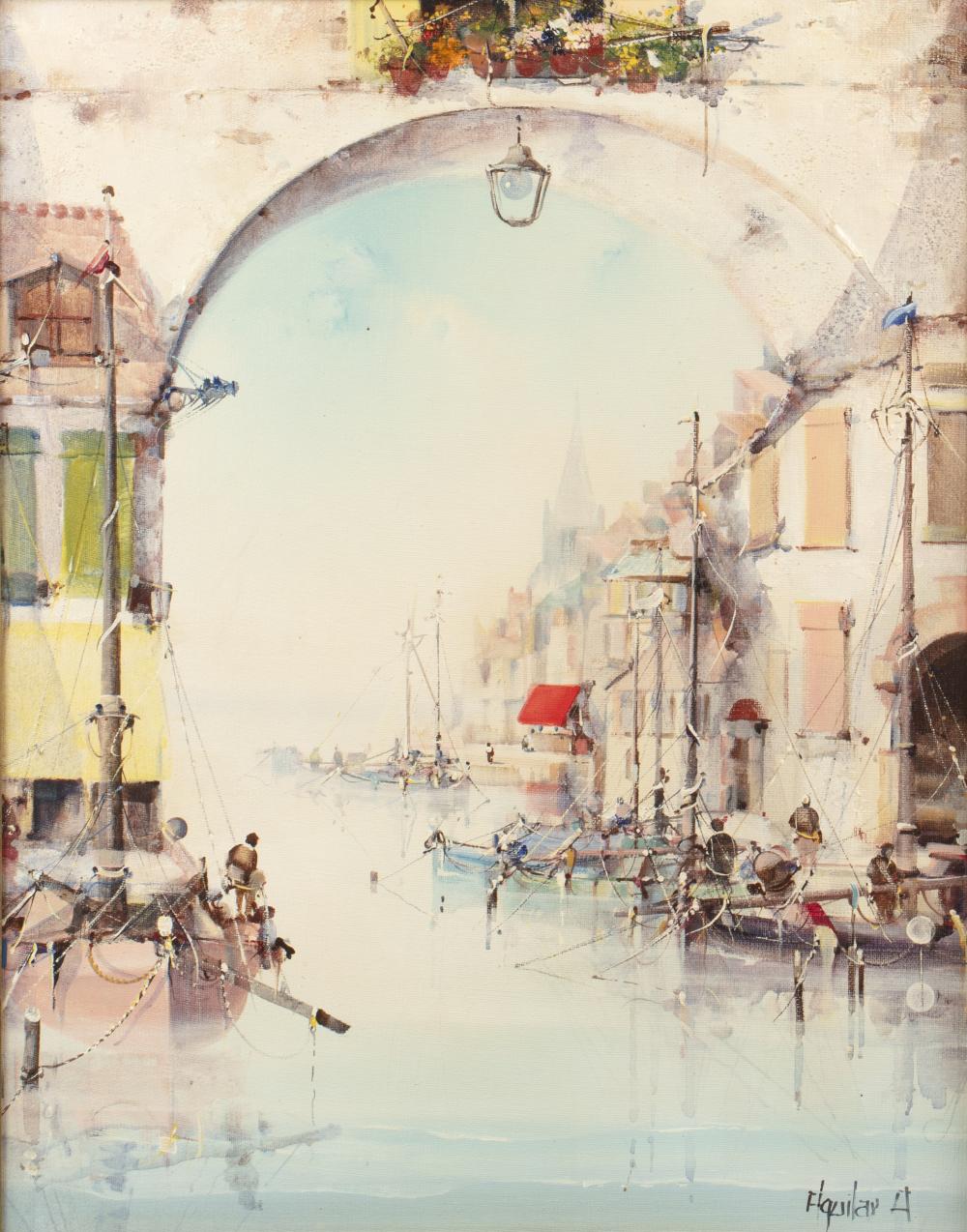 michael d aguilar 1924 2011 view from the harbour venice signed oil on canvas · Mallams · 2025-07-09 Michael D'Aguilar comparable auction result: michael d aguilar 1924 2011 view from the harbour venice signed oil on canvas