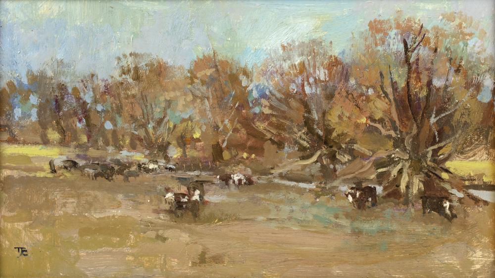 Thomas John Coates comparable auction result: tom coates 1941 2023 landscape with grazing cattle signed with monogram oil on board 13 5 x 24cm