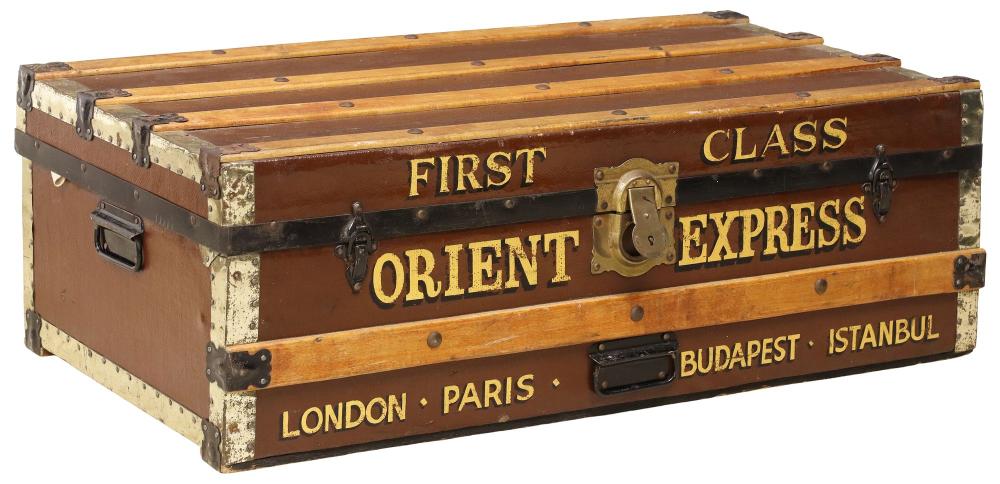ENGLISH PAINTED 'ORIENT EXPRESS' STEAMER TRAVEL TRUNK sold by Austin Auction Gallery, lot 1284 — auction record photograph