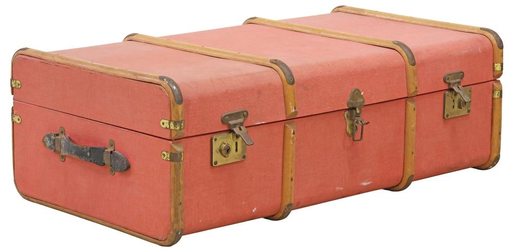 ENGLISH COATED CANVAS-CLAD PINK STEAMER TRUNK / TRAVEL CHEST sold by Austin Auction Gallery, lot 1439 — auction record photograph