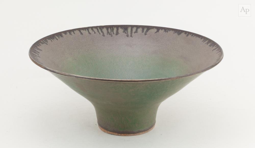 Abdo Nagi comparable auction result: abdo nagi 1941 2001 a large flared stoneware bowl covered in copper green glaze with running bronze rim impressed mark and date sticker made 1999 diameter 31 5cm