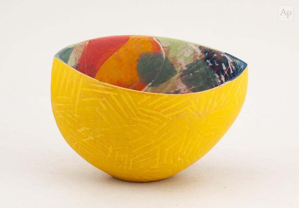 Carolyn Genders comparable auction result: carolyn genders born 1957 golden abstraction an earthenware vessel covered in polychrome vitreous slip decoration incised cg and year number code width 20cm height 13 5cm