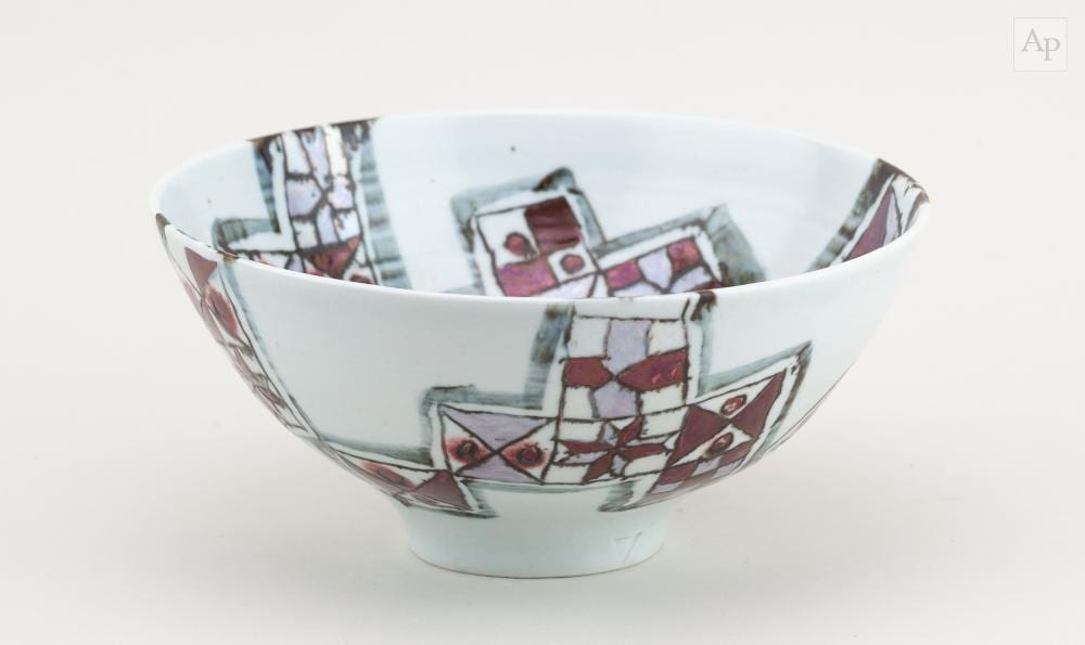 Marianne de Trey comparable auction result: marianne de trey 1913 2016 a porcelain bowl covered in celadon glaze with copper red and green geometric decoration impressed dte mark diameter 19 5cm