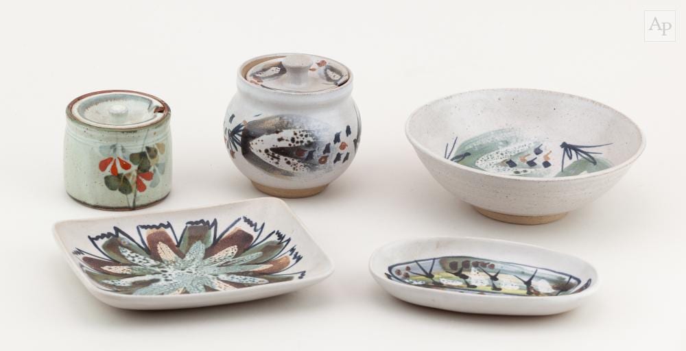 Marianne de Trey comparable auction result: marianne de trey 1913 2016 two stoneware dishes a bowl and a preserve pot impressed shell marks bowl diameter 15 5cm and a mustard pot by colin kellam 5