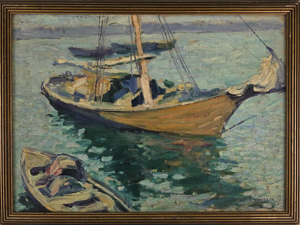 Morris Davidson comparable auction result: morris davidson oil on artists board impressionist harbor painting