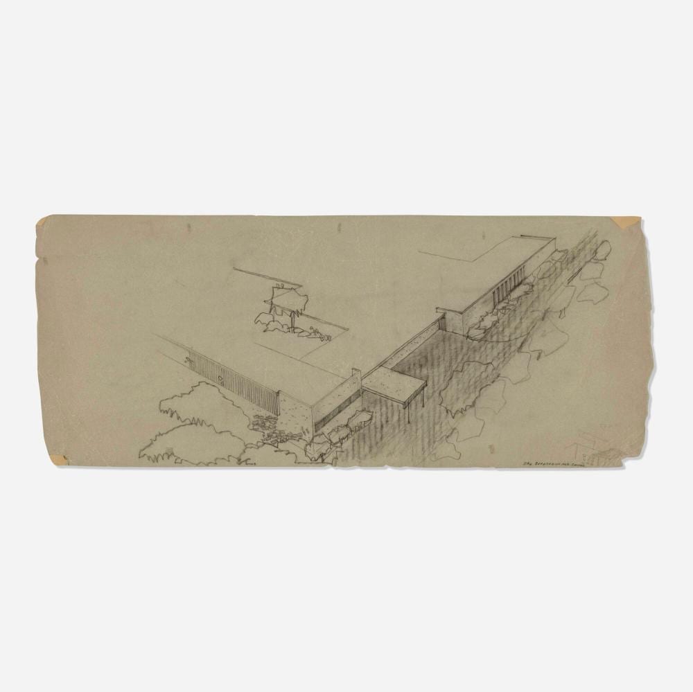 richard neutra architectural rendering for the medical center san bernadino · Los Angeles Modern Auctions · 2025-07-17 Richard Neutra comparable auction result: richard neutra architectural rendering for the medical center san bernadino