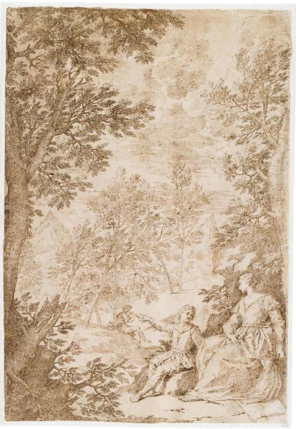 a woman and a small boy seated in a wooded landscape with a piper in the background · Sotheby's · 2025-07-02 Donato Creti comparable auction result: a woman and a small boy seated in a wooded landscape with a piper in the background