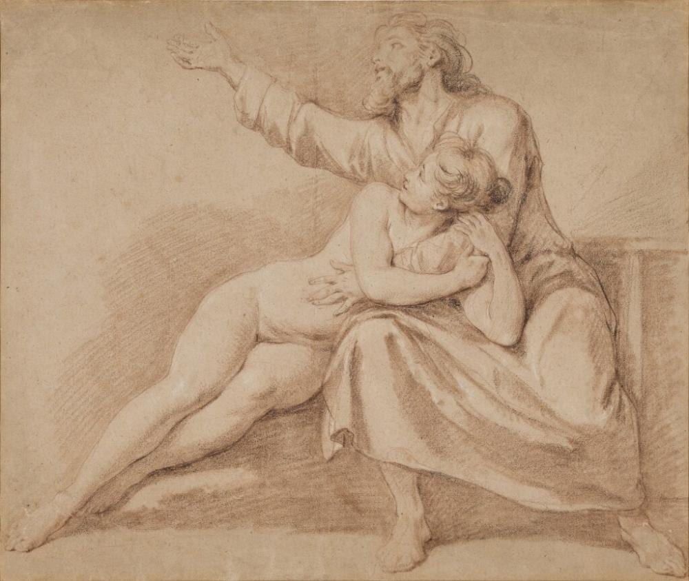 Nicolas René (1732) Jollain comparable auction result: bearded man embracing a young woman