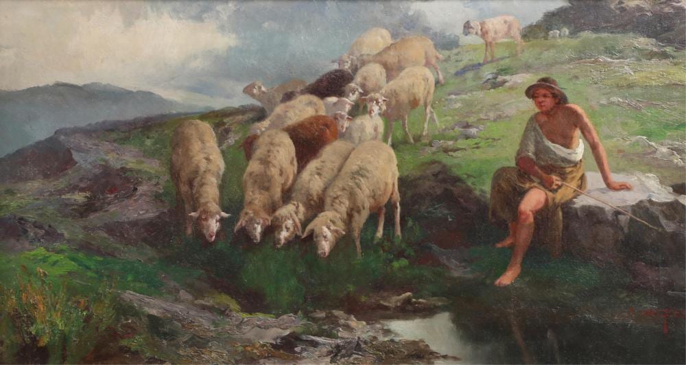 John Edmund Califano comparable auction result: john edmund califano 1862 64 1946 shepherd tending sheep oil on canvas 12 x 22in 30 x 55cm