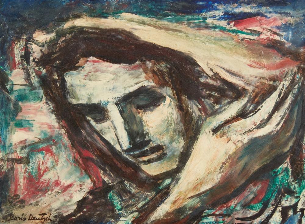 boris deutsch american 1892 1978 figure with hand raised oil on canvas 12 x 16in 30 5 x 40 5cm · Andrew Jones Auctions · 2025-07-17 Boris Deutsch comparable auction result: boris deutsch american 1892 1978 figure with hand raised oil on canvas 12 x 16in 30 5 x 40 5cm