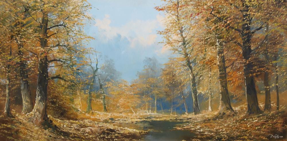 Joseph Kugler comparable auction result: josef kugler austrian 1913 2011 riverscape oil on canvas 24 x 48in 61 x 122cm