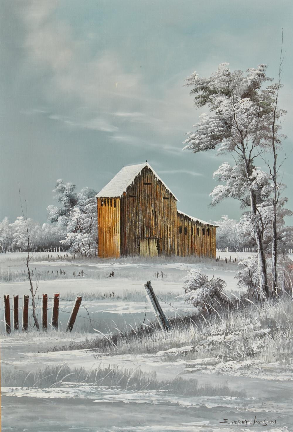 Everett Woodson comparable auction result: everett woodson american 1933 2016 old barn in a snowy landscape oil on canvas 36 x 24in 91 5 x 61cm