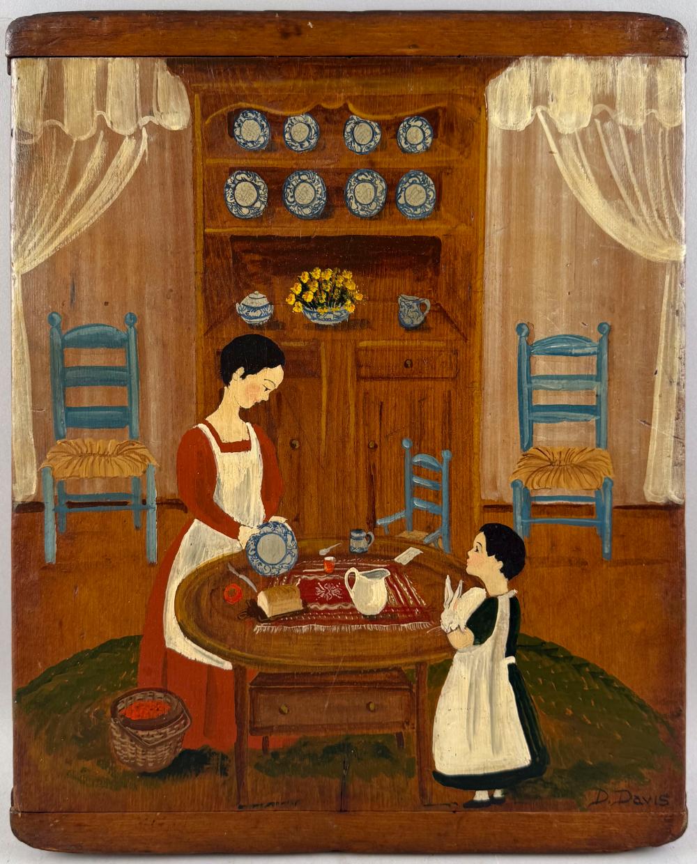 dorothy davis massachusetts 1910 1991 kitchen with dedhamware oil on breadboard 19 x 15 5 unframed · Sandwich Auction House · 2025-07-16 Dorothy Davis comparable auction result: dorothy davis massachusetts 1910 1991 kitchen with dedhamware oil on breadboard 19 x 15 5 unframed