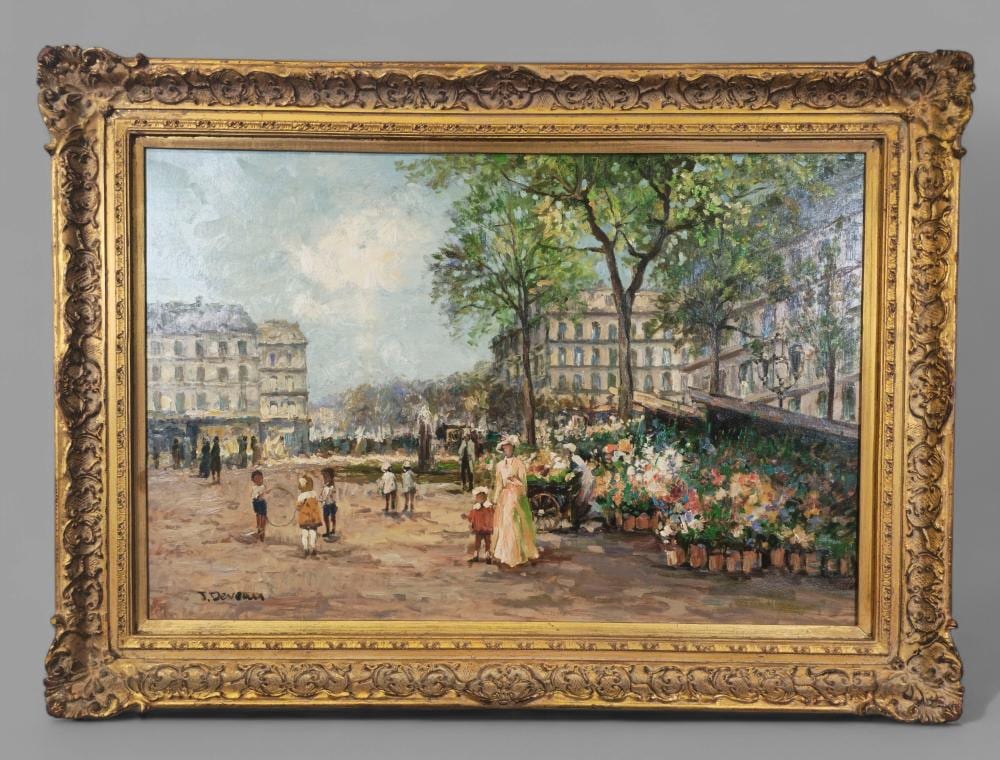 J. Deveau comparable auction result: jacques deveau b 1937 france oil paris markey day street scene