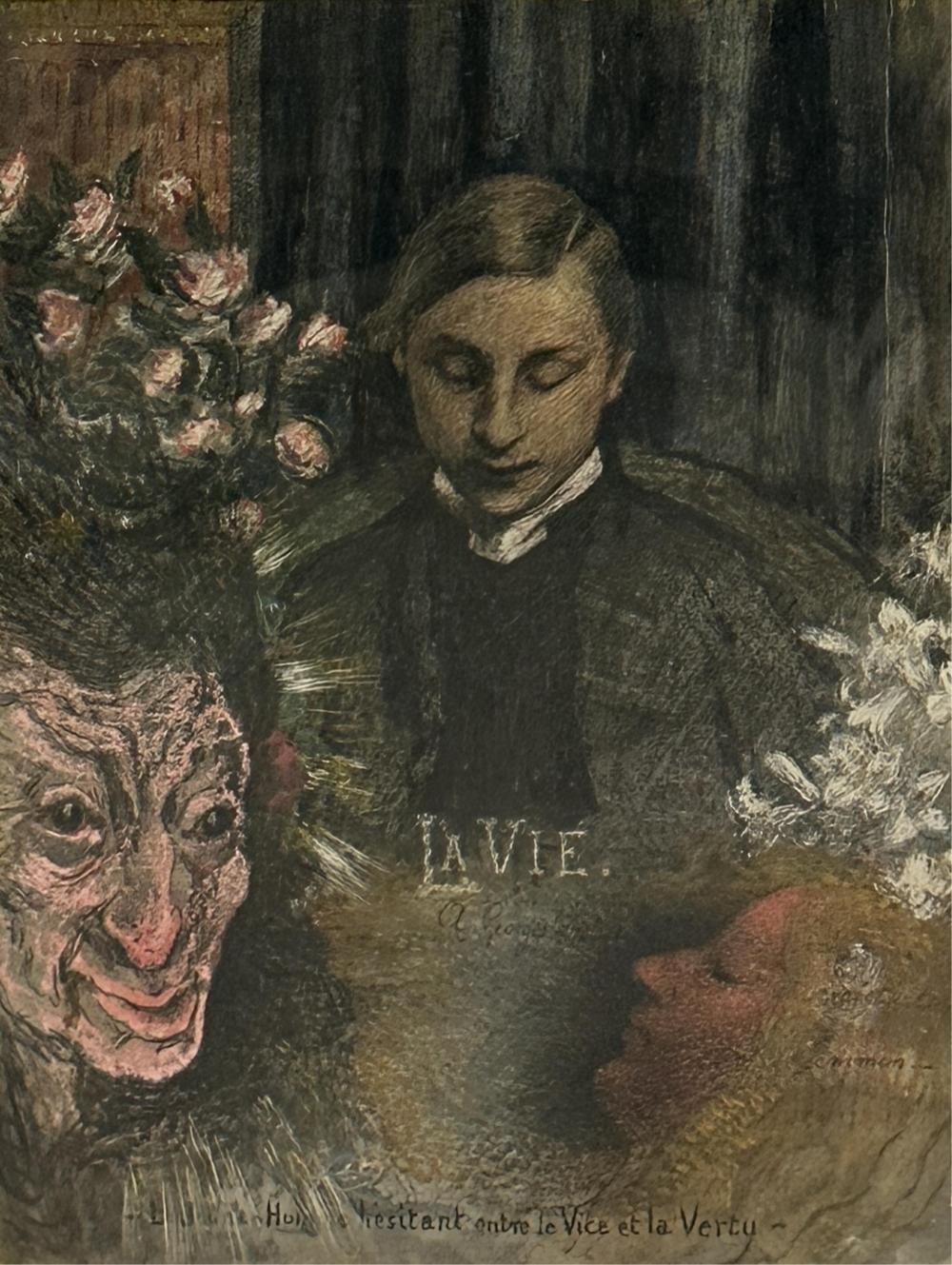 Georges Lemmen comparable auction result: georges lemmen 1865 1916 portrait d olivier georges destr e le jeune homme h sitant entre le vice et la vertu pastel dimensions 35 x 25 cm