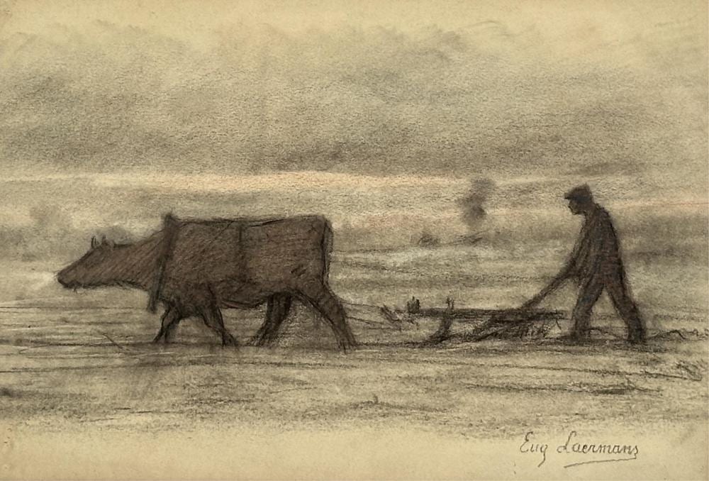Eugène Laermans comparable auction result: eug ne laermans 1864 1940 le laboureur gouache crayon dimensions 16 x 24 5 cm
