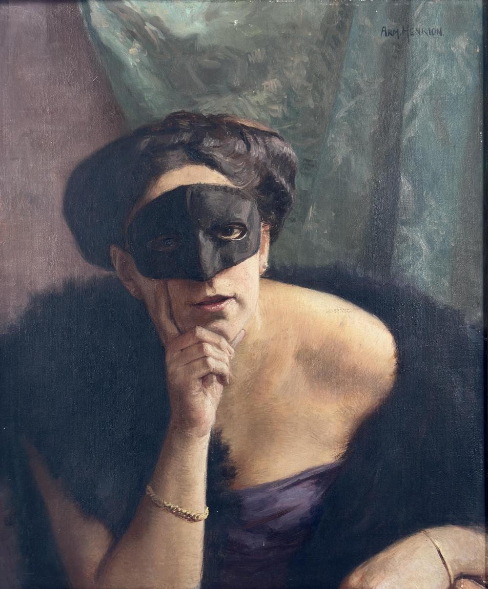 Armand Henrion comparable auction result: armand henrion 1875 1958 ecole li geoise l l gante au loup v nitien en tenue de soir e huile sur toile dimensions 37 x 45 cm