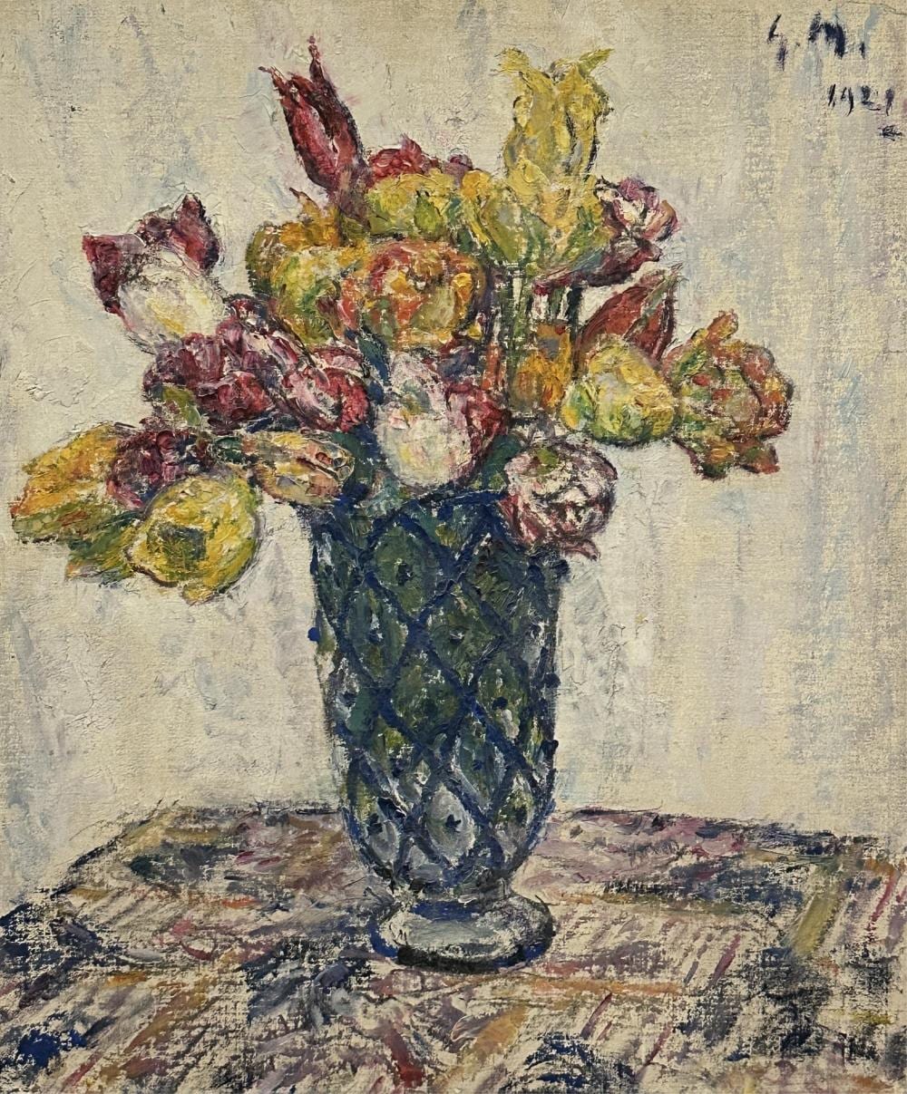 Georges Morren comparable auction result: georges morren 1868 1941 tulipes 1921 huile sur panneau monogramm e ancienne tiquette de la galerie giroux au dos dimensions 45 x 38 cm
