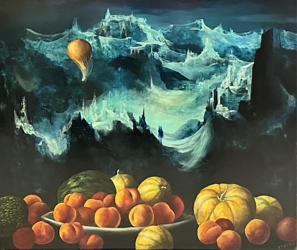 Jean-Claude Dresse comparable auction result: jean claude dresse 1946 nature morte aux fruits sur fond d un paysage surr aliste huile sur panneau dimensions 60 x 70 cm