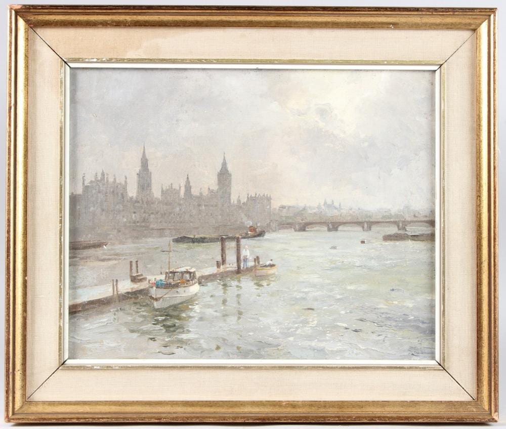 Edward Ashton Cannell comparable auction result: ashton cannell 1927 1994 view of the river thames and the houses of parliament oil on canvas board 28 5