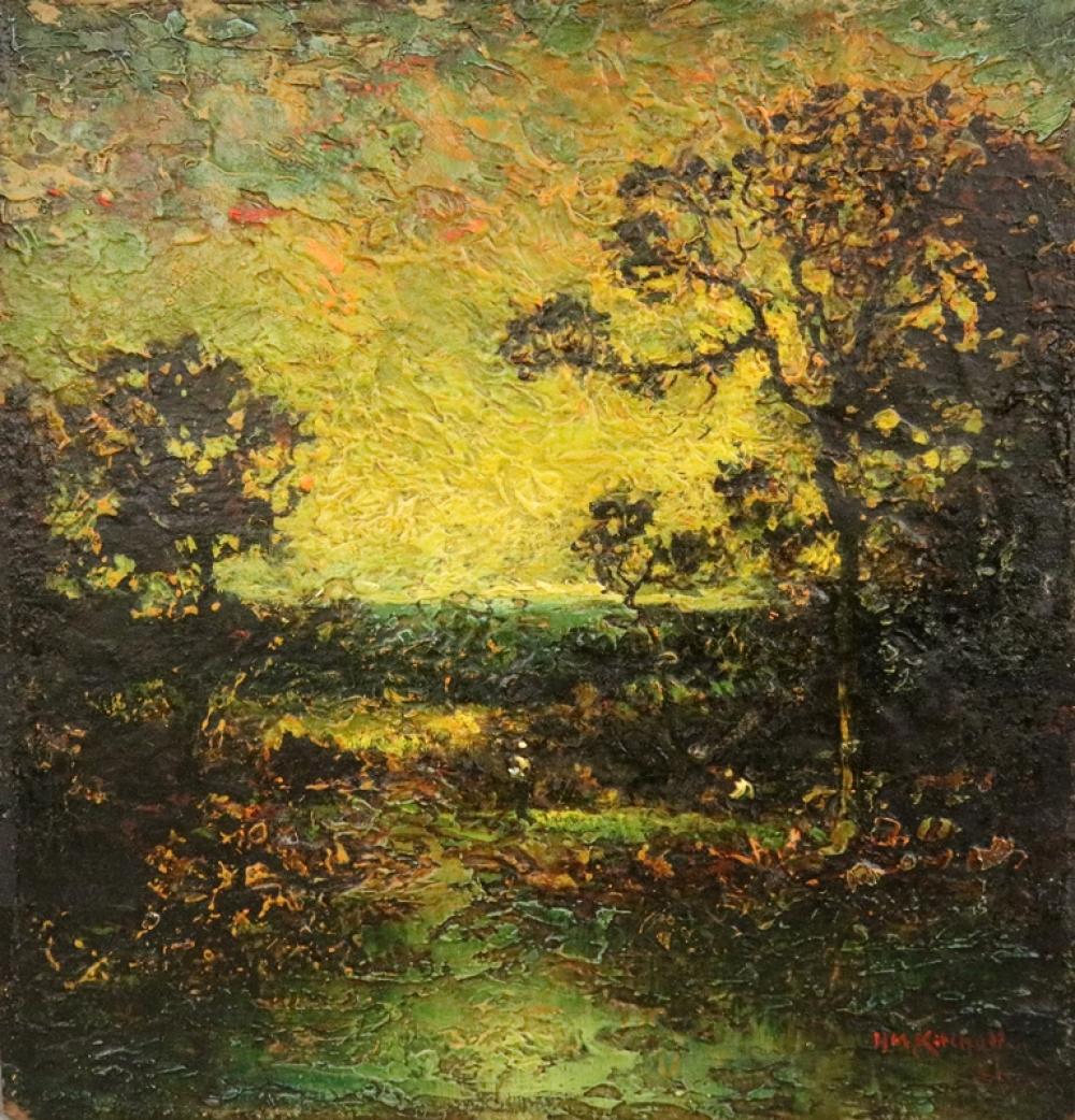 Hudson Mindell Kitchell comparable auction result: hudson mindell kitchell american 1862 1944 twilight silhouettes oil on board signed lower right hand corner verso titled unfram