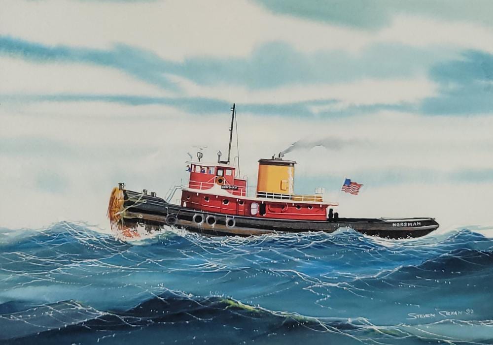 Steven Cryan comparable auction result: steven cryan watercolor gouache portrait of the tugboat norsman